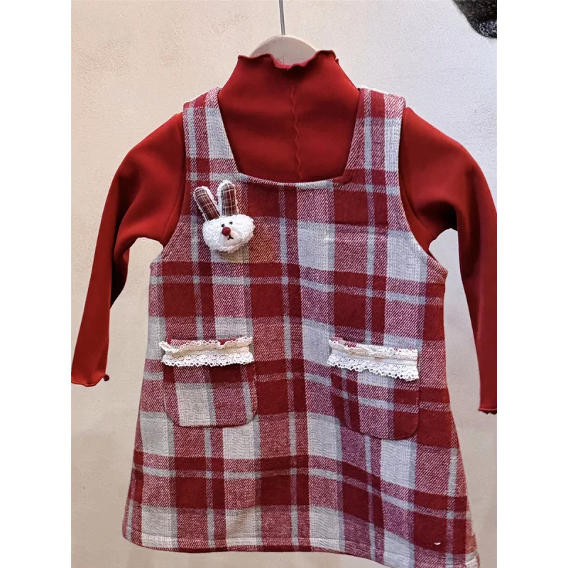 

Платье-жилет для девочек в корейском стиле, рождественское, новогоднее, шерстяное клетчатое платье с милым кроликом, флисовый жилет, платье