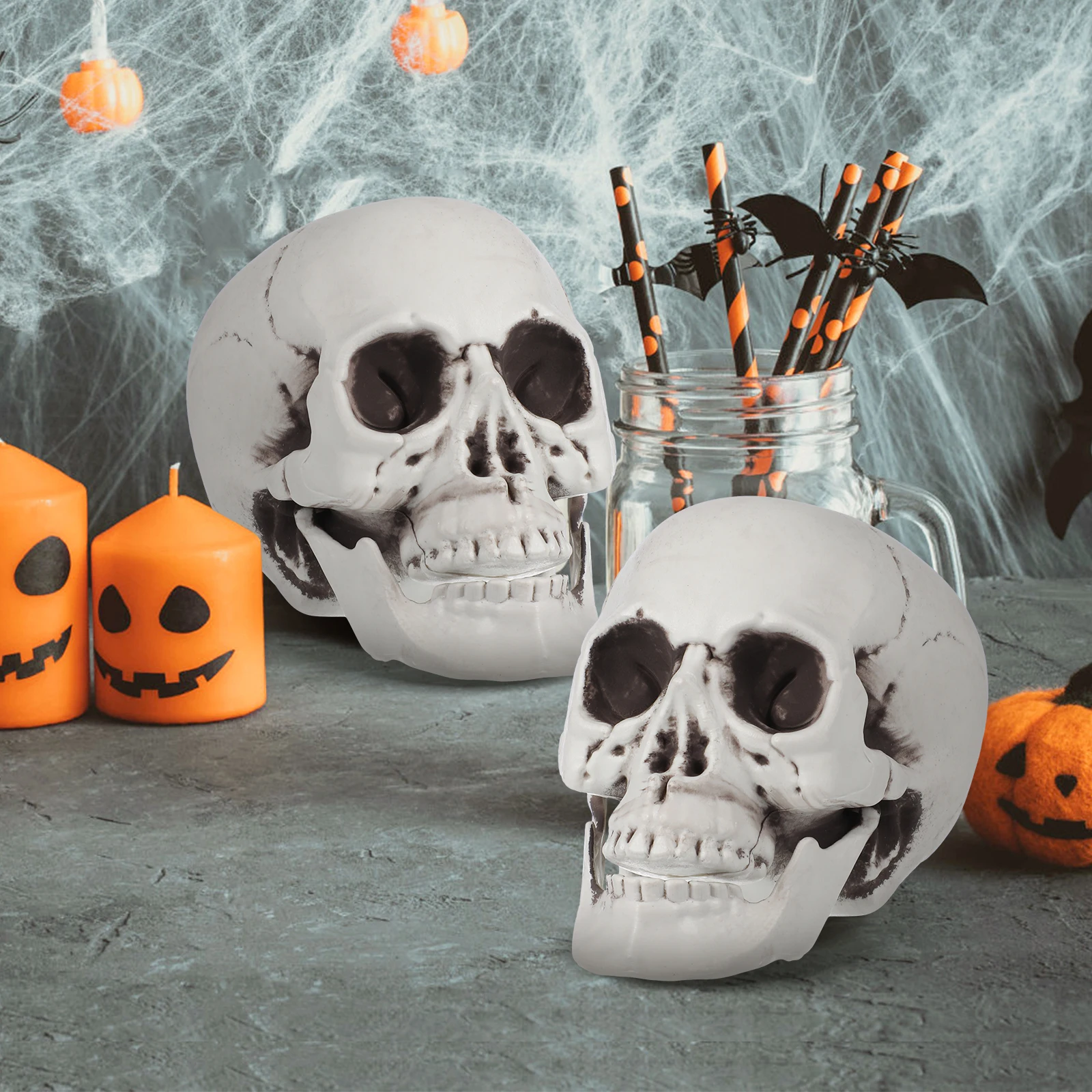 6pcs Skull Ornaments Halloween Props Lightweight Scary Plastic Party Accessories Festivals Gifts Spider Web