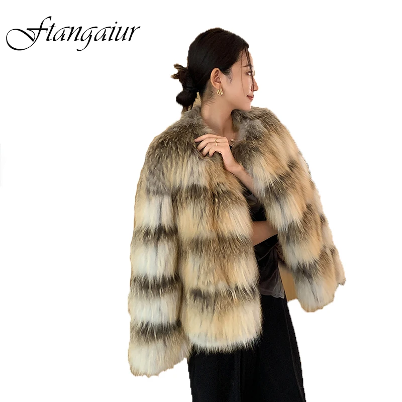 

Ftangaiur Women Winter Import Golden Island Fox Fur Coat Whole Skin Female Weave Fox Coats O-Neck Short Natural Fox Fur Coats