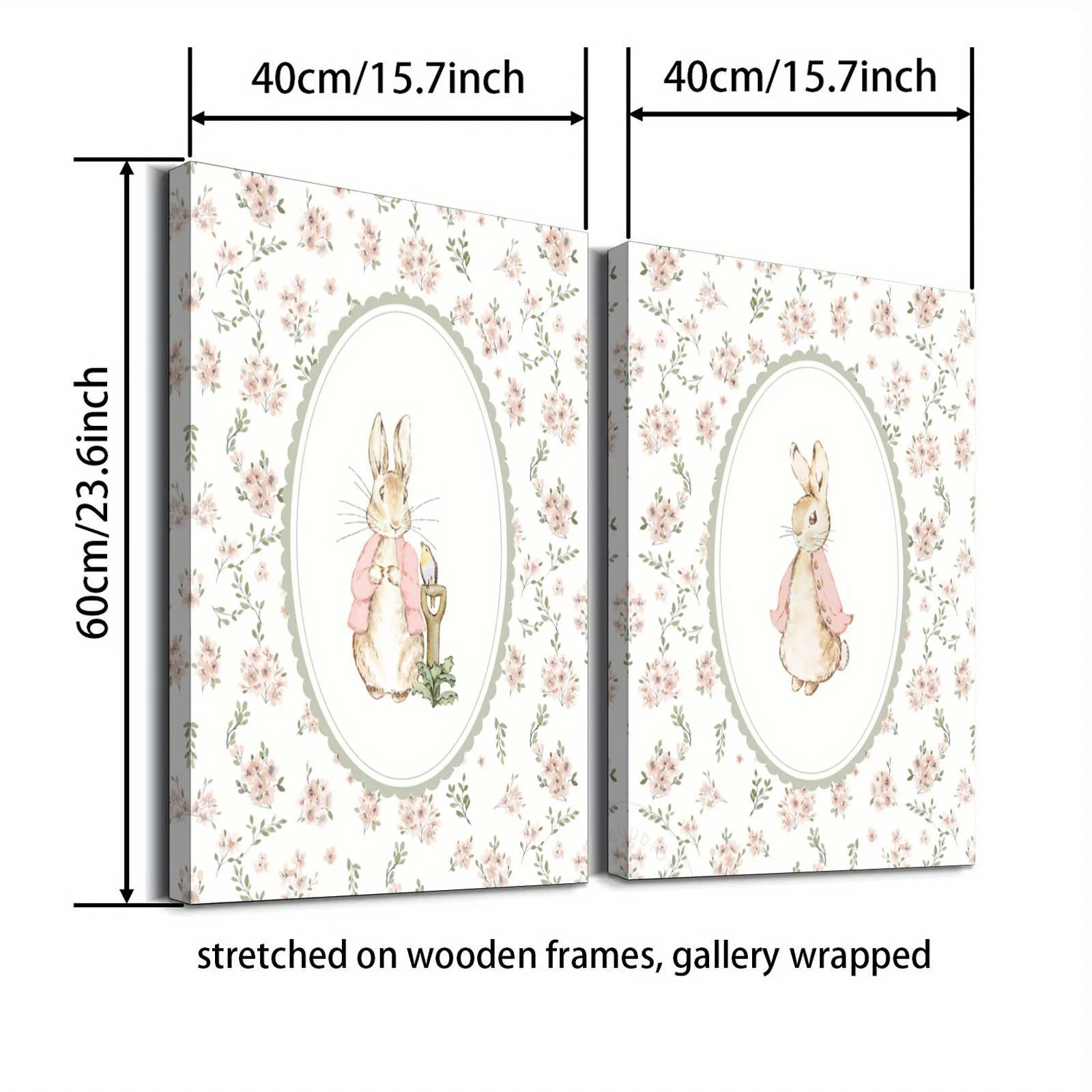 Conjunto de 2 Peças: Arte em Tela Retrô de Coelho da Páscoa, Arte de Parede para Quarto de Meninas com Flores (Sem Moldura), Impressão Vintage de Coel
