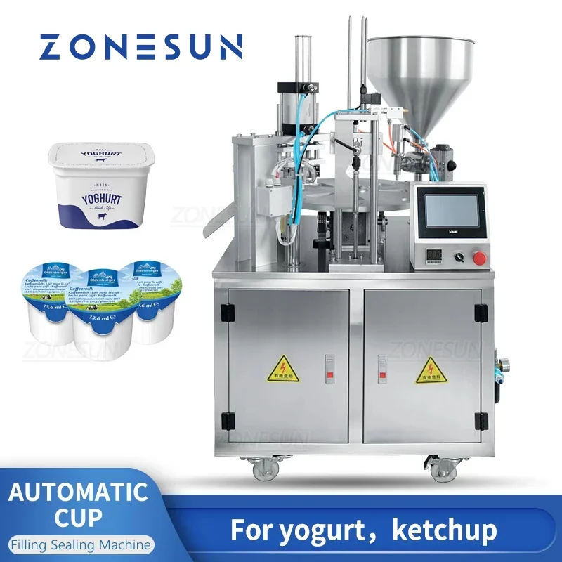 ZONESUN All In One โรตารี่อัตโนมัติโยเกิร์ตซอสมะเขือเทศนมข้น K ถ้วยบรรจุเครื่องซีลเครื่องจักรบรรจุภัณฑ์