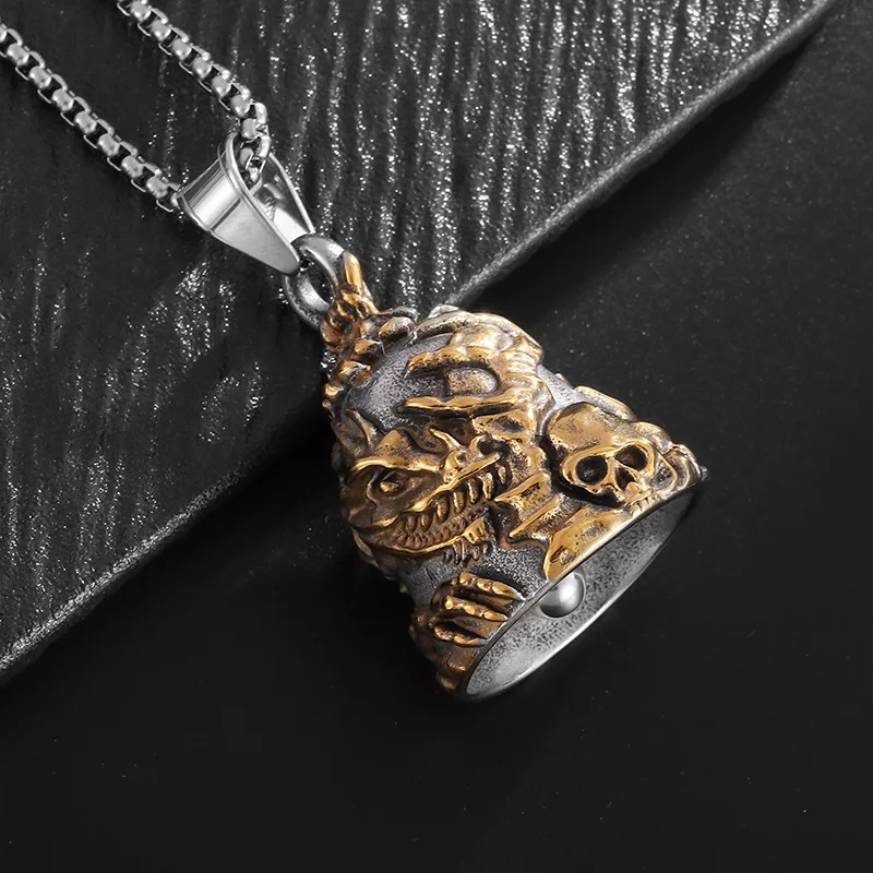 Stainless steel polished vintage Gold plated Dragon Skull motorcycle Ride Lucky Exorcist bell pendant