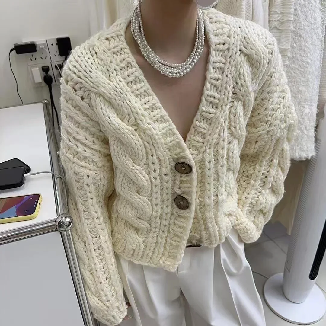 Hand-knitted Twist Cardigan Women V-Neck Loose-fit Short Style Chunky Sweater 2024 Winter Knitwear