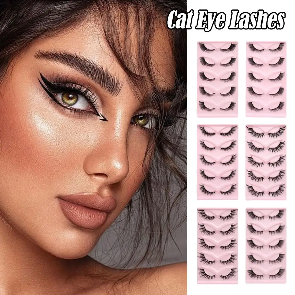 5 Pairs Cat Eye False Eyelashes Artificial Mink Eyelashes Stem Long Natural Tail Black Eye Thick Comic Eyelash Lengthening U7T9