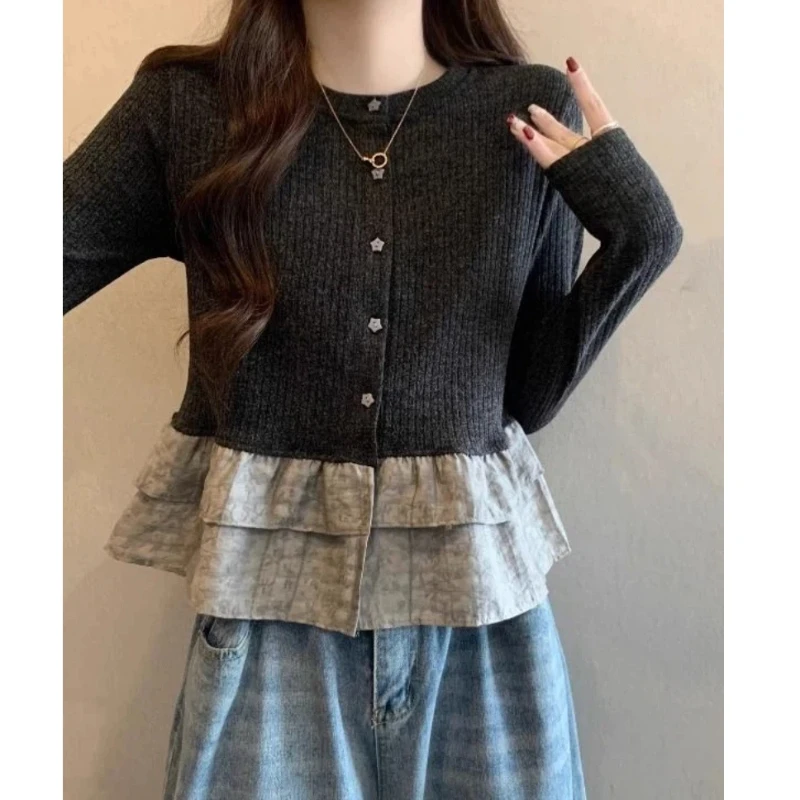 

Ruffles Patchwork Pleated Sweet T Shirts Women Clothing New Spring Autumn Long Sleeve Contrast Korean Tops Tees Fashion Casual