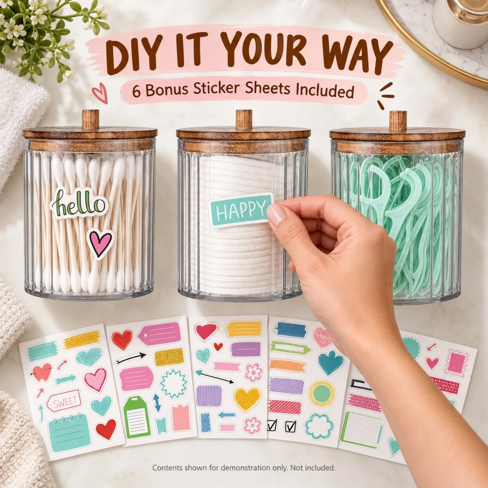 Clear Ribbed Bathroom Organizer Jars with DIY Stickers, 3-Piece Plastic Vanity Containers for Cotton Pads and Small Essentials - view 5