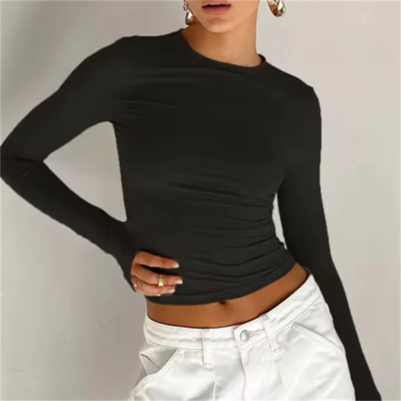 المرأة طويلة الأكمام تي شيرت ربيع الخريف بلون سليم صالح البلوز المرأة الأساسية س الرقبة تي شيرت Y2k الملابس الشارع ارتداء
