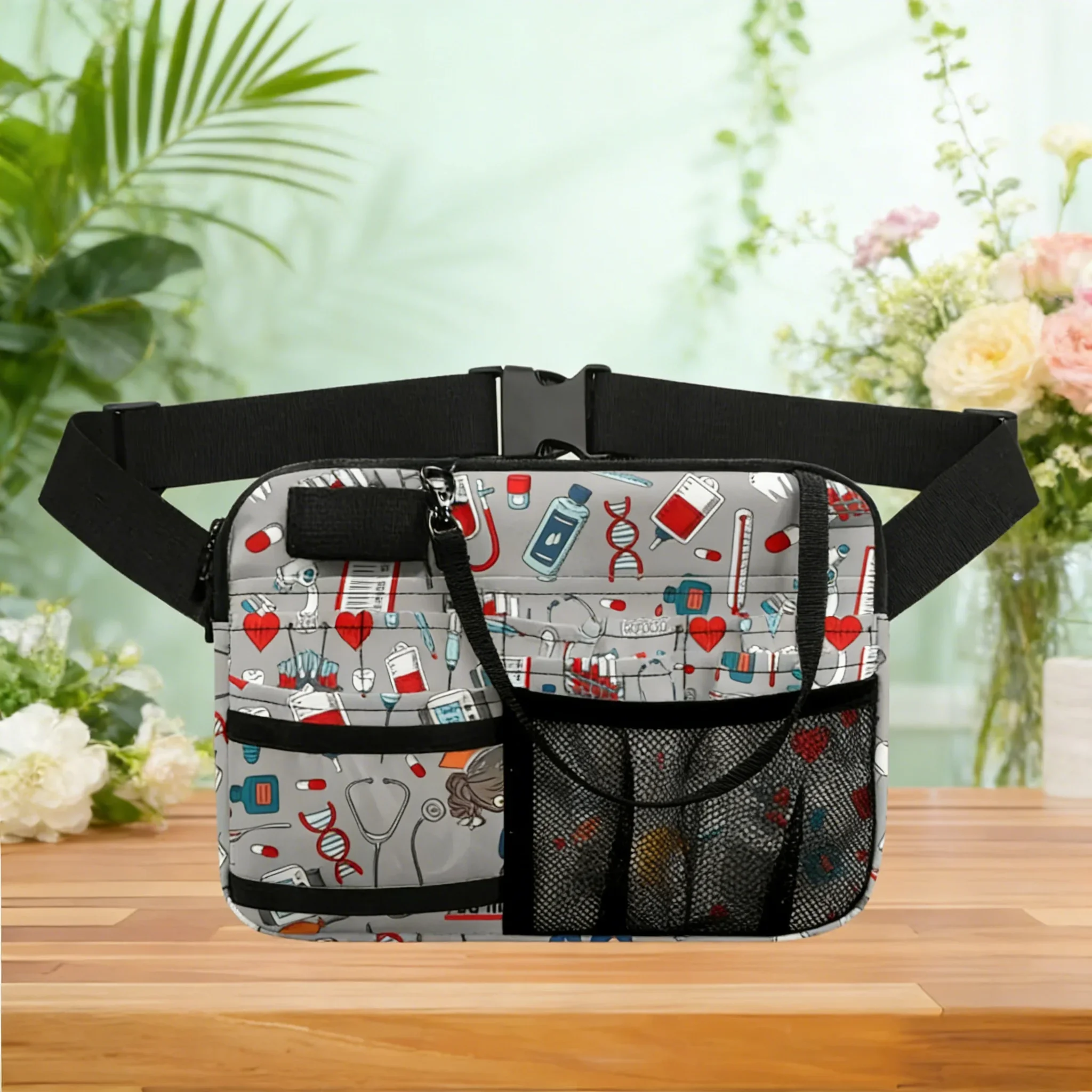 

Medical Nurse Hip Bag, Cartoon Nurse Print Utility Bag, Nursing Waist Organizer with Mesh Bottle Pocket