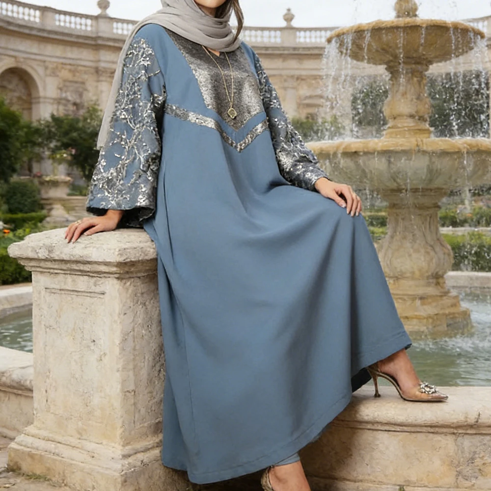 

Атласная абайя-джеллаба с пайетками для мусульманок, макси-платье в стиле Дубай/Турция, арабский кафтан, исламская роба, женское мусульманское платье, джалабия