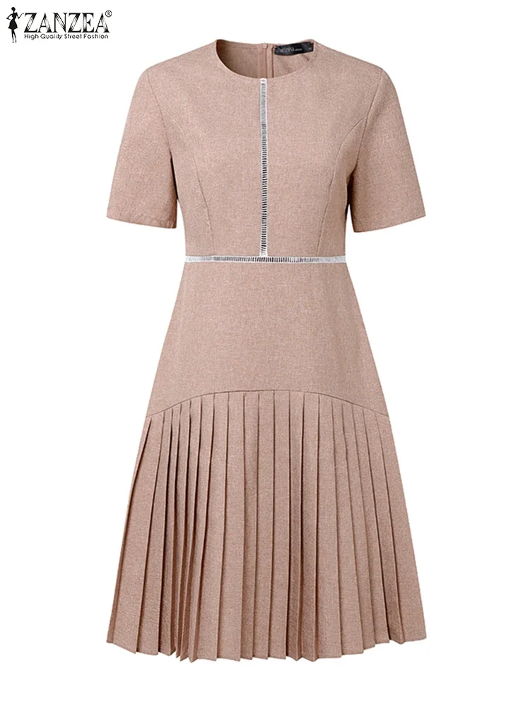Elegancka sukienka letnia do kolan ZANZEA 2025, damska, plisowana, z dekoltem typu O, w kształcie litery A, na imprezę, sukienka w jednolitym kolorze, luźna, codzienna.