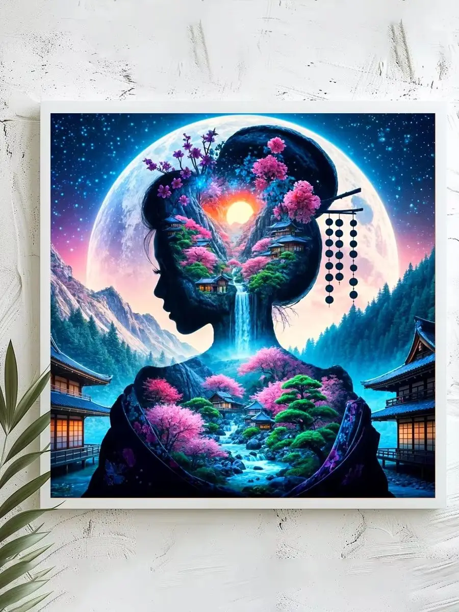 1 Stück 40x40 cm/15,74 Zoll, 11Ct/14Ct Kreuzstich-Set, DIY Valentinstagsgeschenk, Stickerei-Set für Festivals, Geisha-Landschaft, Doppel-Exp – Detail 1