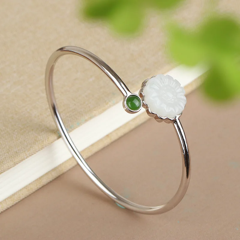 

S925 Женский открытый браслет из стерлингового серебра с инкрустацией из натурального нефрита Хэтянь и хризантемы