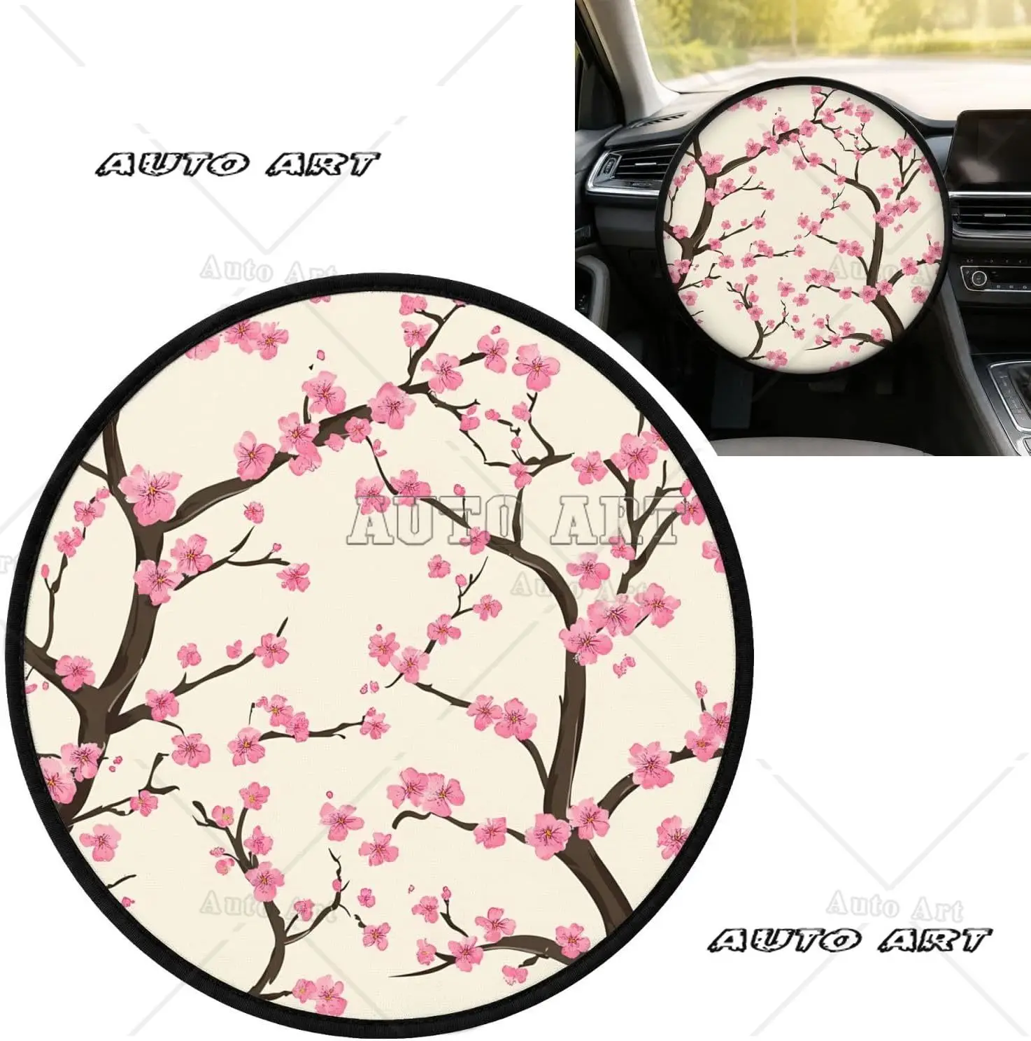 Pink Cherry Blossom Flowers Car Steering Wheel Sun Shade Cover
