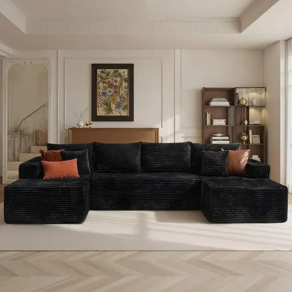 Luxury U-Shaped Sectional Sofa with Double Chaise, Plush Corduroy, Deep Seating, Memory Foam, Black