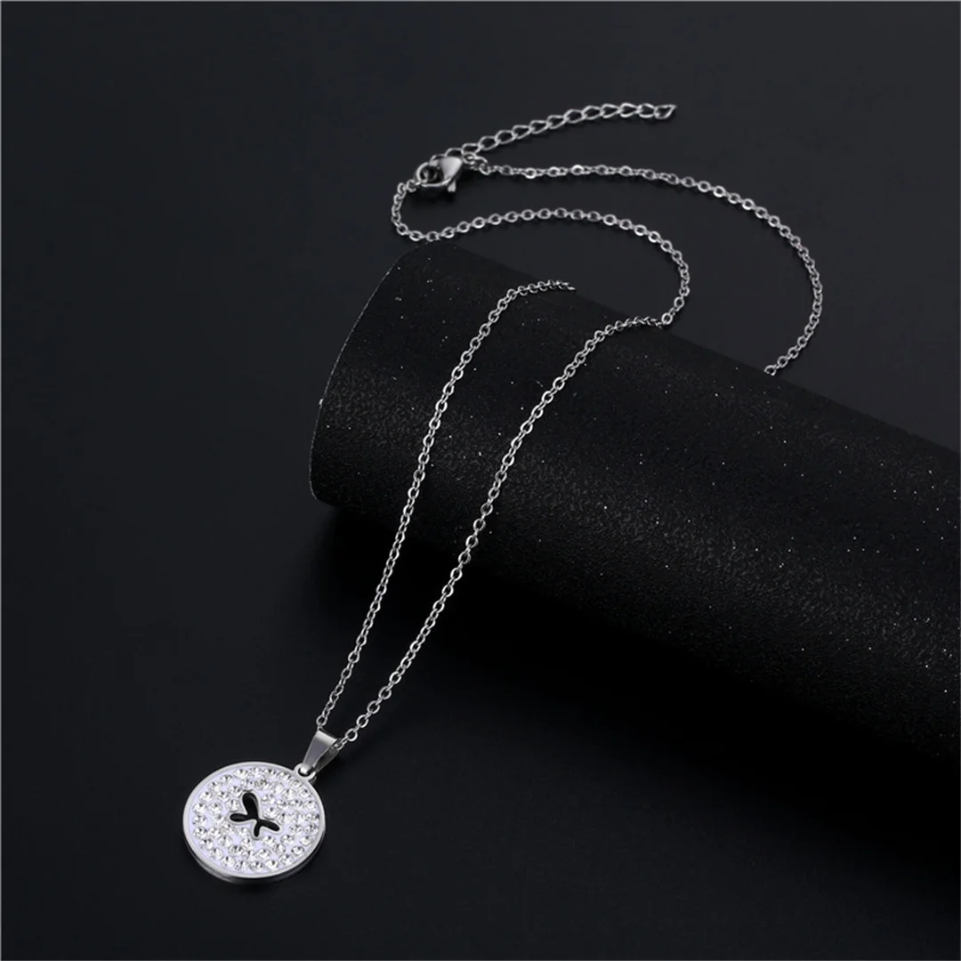 Punk Fashion Animal Hollow Butterfly Pendant Female Silver Color Stainless Steel Zirconia Round Necklace For Women Jewelry Gift