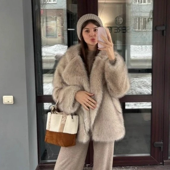 Dwustronny, puszysty płaszcz z futra, puszysty płaszcz z futra z farbowanymi końcówkami, zimowy płaszcz z futra, luźny, ciepły płaszcz z futra lisa.