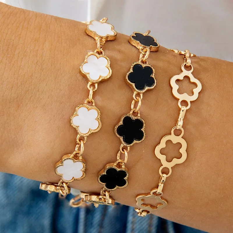 European and American cross-border fashion alloy diamond-encrusted clover bracelet jewelry three-piece simple geometric