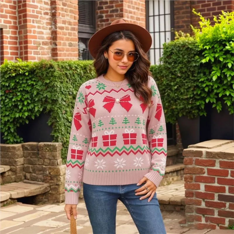 Women Christmas Knit Sweater Winter O-neck Xmas Gift Bow Snowflake Tree Pattern Pullover Ladies Casual Loose Party Jumper 2