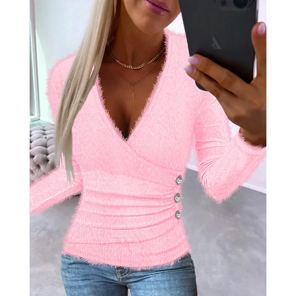 

2023 Autumn Women Ruched Buttoned Long Sleeve Fuzzy V-Neck Top New Fashion Femme Casual Long Sleeve Knitted Top Lady Steetwear