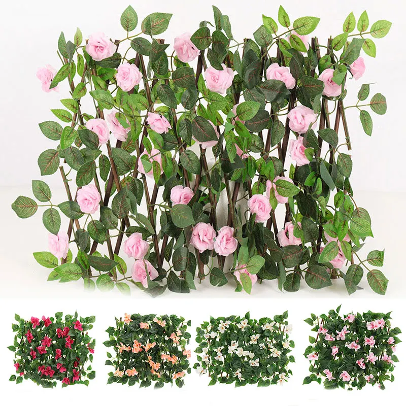 Künstliche Blume Blatt Zaun Teleskop erweiterbare gefälschte Blumen Efeu Holzzaun Sichtschutz Hecke Home Yard Terrasse dekorieren