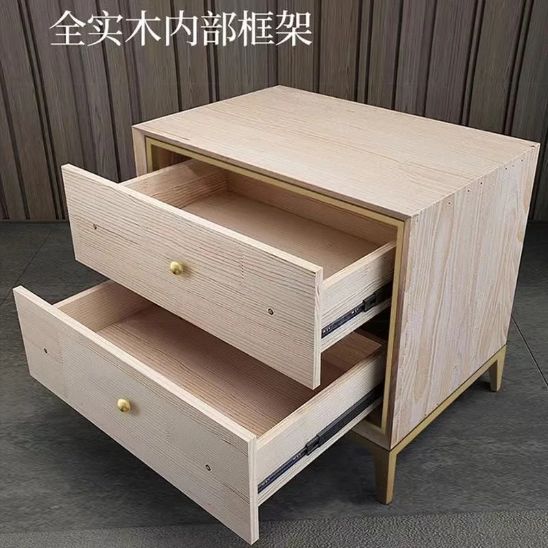 Italian light luxury post-modern bedside table All solid wood Nordic simple bedside cabinet Titanium-plated stainless steel stor