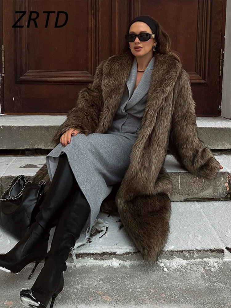 Luxe Vrouwen Pluizige Lange Nepbontjas Straat Revers Volledige Mouw Vrouwelijke Pluche Overjas 2024 Winter Dame Losse Dikker uitloper