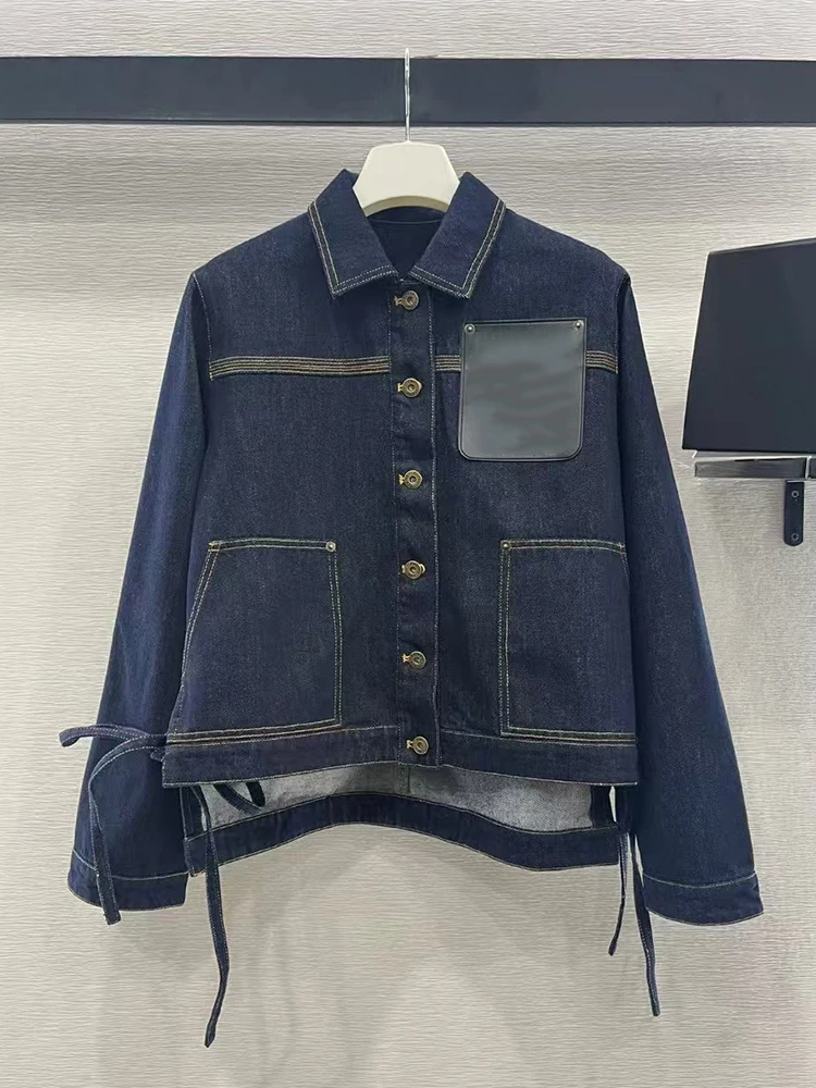 Manteau en denim irrégulier deux pièces pour femme, patchwork d'eau de lavage, poche en cuir, jupe A-word, costume de mode vintage, printemps, nouveau, 2025