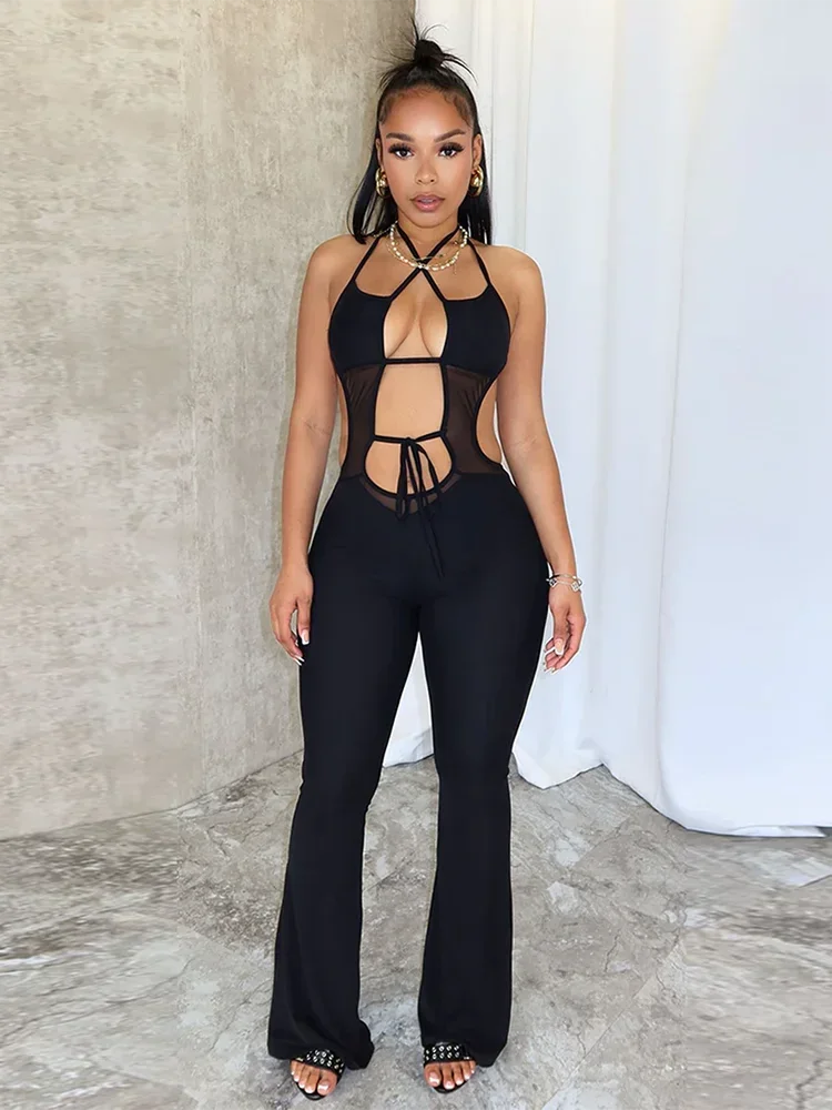 

Backless Jumpsuit Women Sexy Halter Hollow Mesh Patchwork Cross Bandage Fitness Midnight Clubwear Workout Overalls