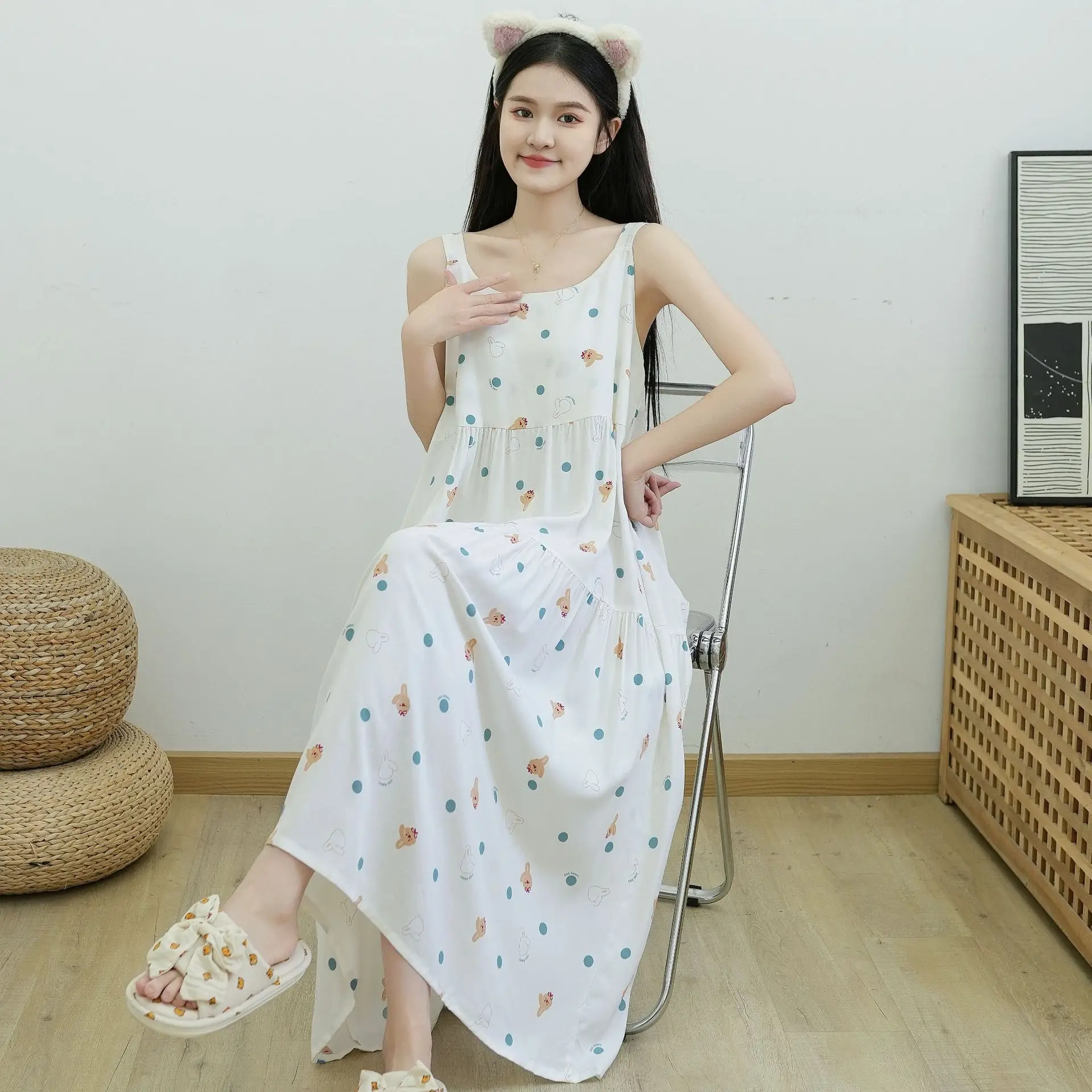 New Sexy Nightgown Sleeveless Pajamas Summer One Piece Dress Sleepwear Outside Nightdress Girl Home Dress Women's Home Clothes