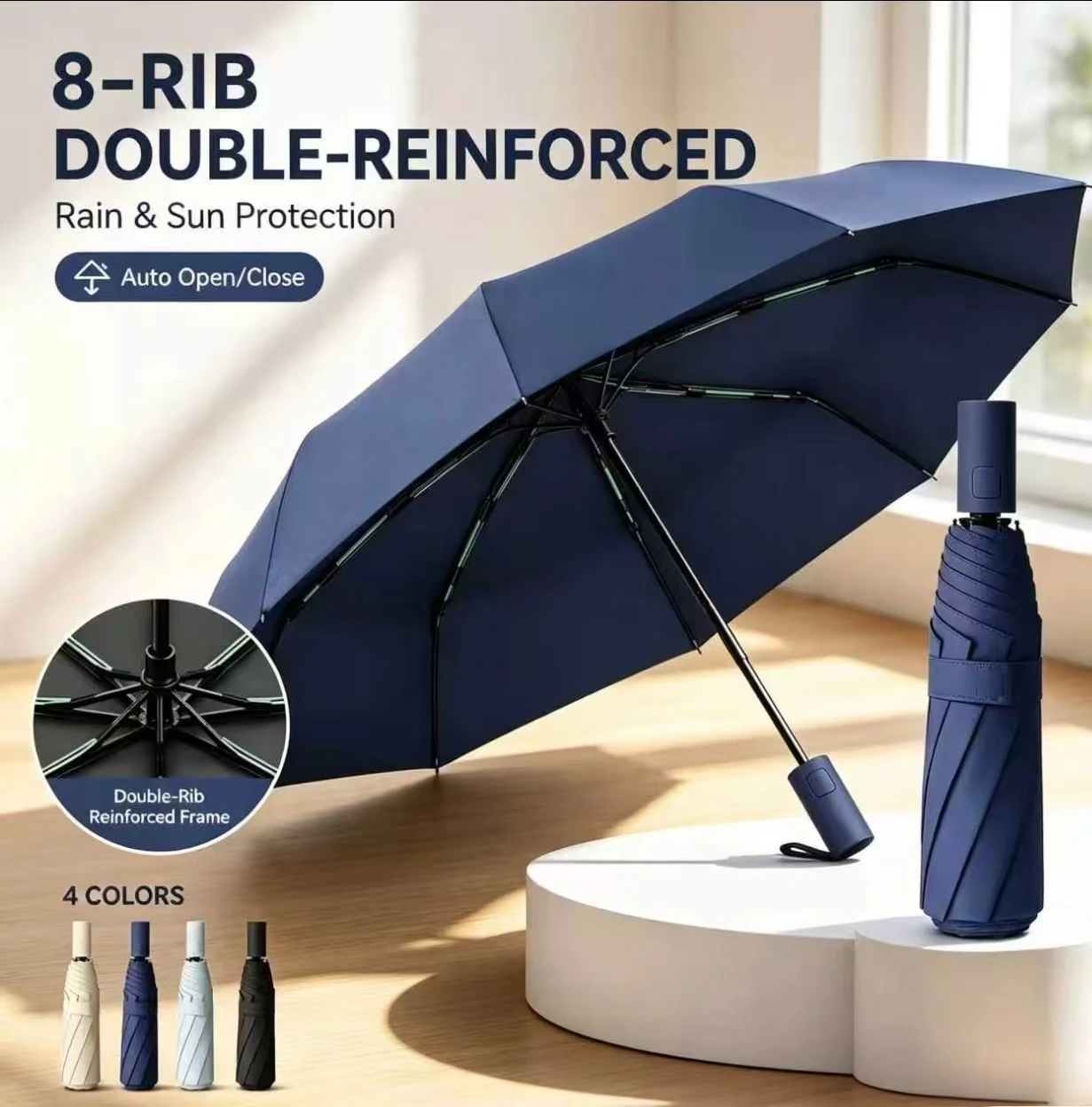 Auto Open Close Folding Umbrella, Fiberglass Frame Windproof Rain Umbrella with Ergonomic Handle for Men Women