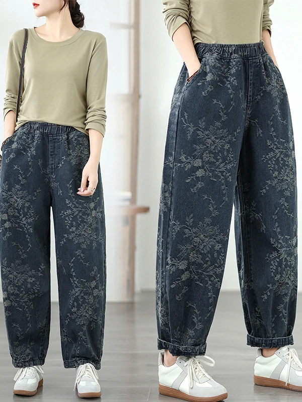 

plus Size Casual Pants Heavy Embroidery Slimming High Waist Denim Harlan Pants Floral Pattern Cotton Polyester Blend Blue