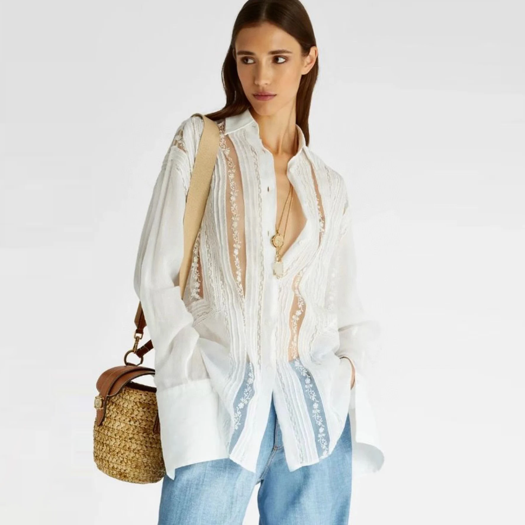 

Handmade Embroidered Silk Long Sleeve Shirt Hollow out Lace Pearl White Silk Women's Fashion Vintage Style Slim Fit ...