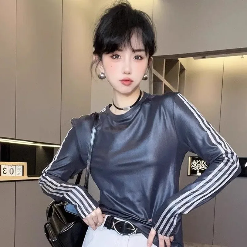 

Glossy Slim Solid Color Bottoming Shirt Women Spring Autumn Simplicity Office Lady Long Sleeve T-Shirt All-match Trend Tops