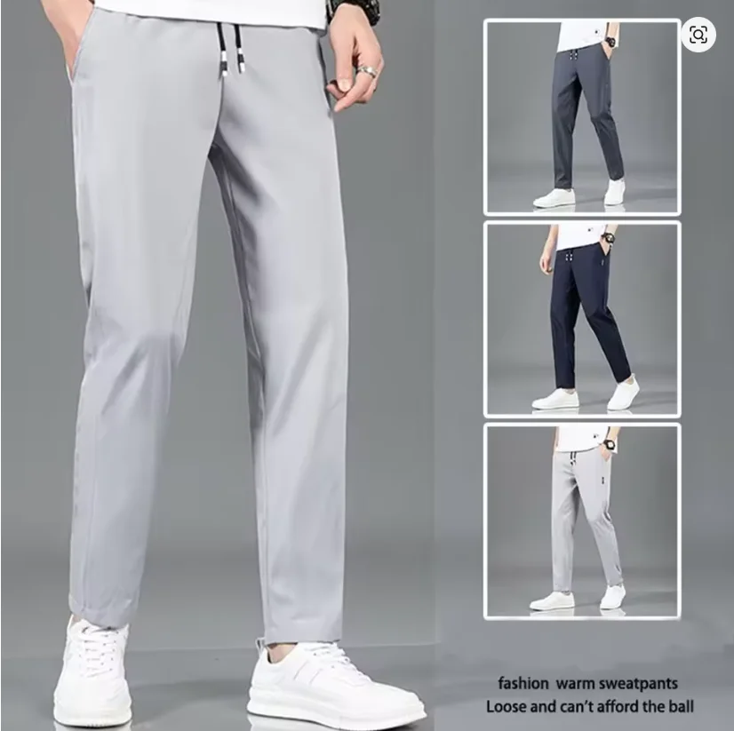 

Летние мужские брюки из ледяного шелка, черные, серые, тонкие деловые повседневные брюки, большие размеры, уличные эластичные дышащие прямые спортивные штаны