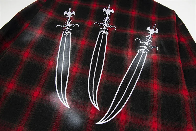 Black and Red Plaid Zipper Cardigan Thug Club Jacket Cotton Casual Hooded Long Sleeved Coat for Men and Women