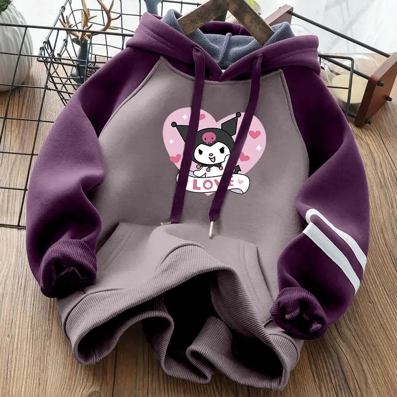 

Kawaii Kuromi Sanrio Children Cute Cartoon Plus Velvet Warm Hoodie Students Comfortable Sportswear Blouse Birthday Gift for Kids