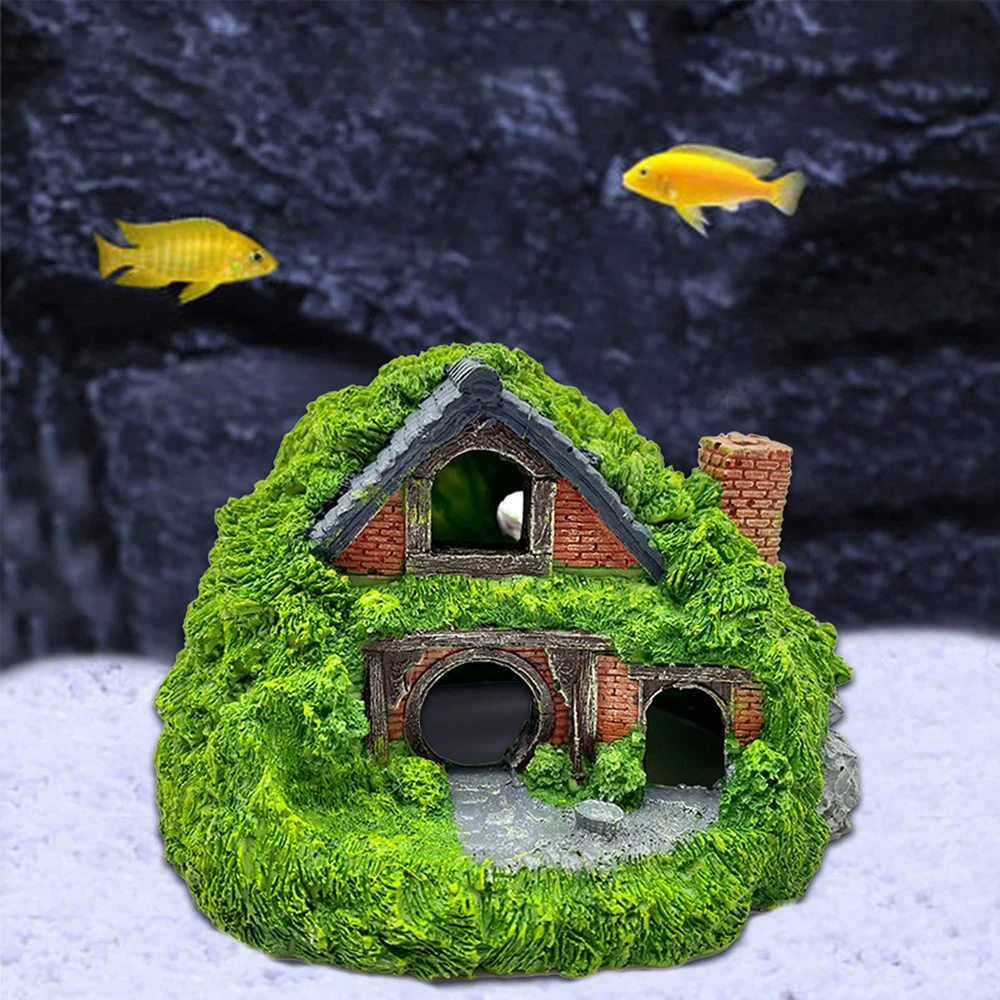 Creative Moss House Shape Fish Tank Ornaments Decoration Landscaping Resin Rockery Aquarium Resin Rockery Home Craft Ornaments