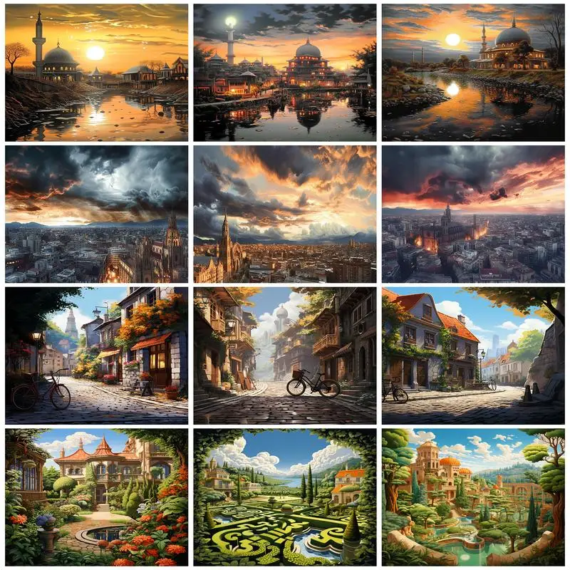 

SDOYUNO Pictures By Numbers Painting Coloring For Adults City House Castle Landscape Handpainted Oil Painting Home Decor