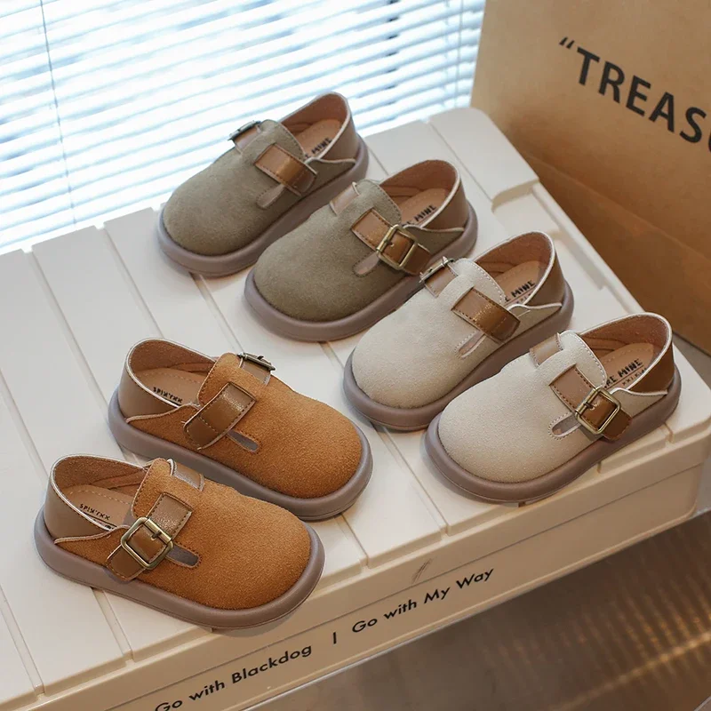 

2025 New Children Casual Shoes Boys Fashion Buckle Round-toe Britain Style Girls Loafers Versatile Breatheable Kids Unisex Shoes