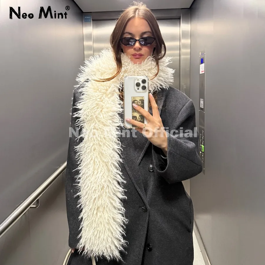 Neo Mint Trendy 2026 Winter Long Shaggy Mongolia Sheep Fur Scarf Women Chic Street Fashion Girls Fuzzy Neck Wrap Warmers Scarves