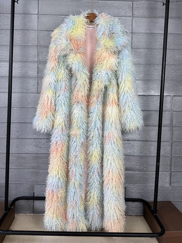 ZADORIN 130cm Long Colorful Lapel Mongolian Fur Coat Woman Thick Warm Fluffy Faux Fur Jacket Coats Winter Clothes Woman Clothing