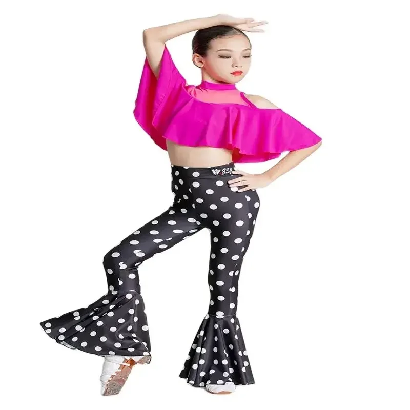Kids Chacha Party Dancing Clothes Ruffled Top Flared Pants For Girls Ballroom Dance Competition Costume Practice Dresses