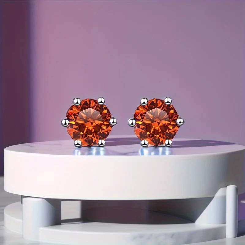

S925 Sterling Silver Simple Fashion Round Fenta 6 Claw Orange Red Moissanite Stud Earrings,Exquisite Birthday Gift for Men Women