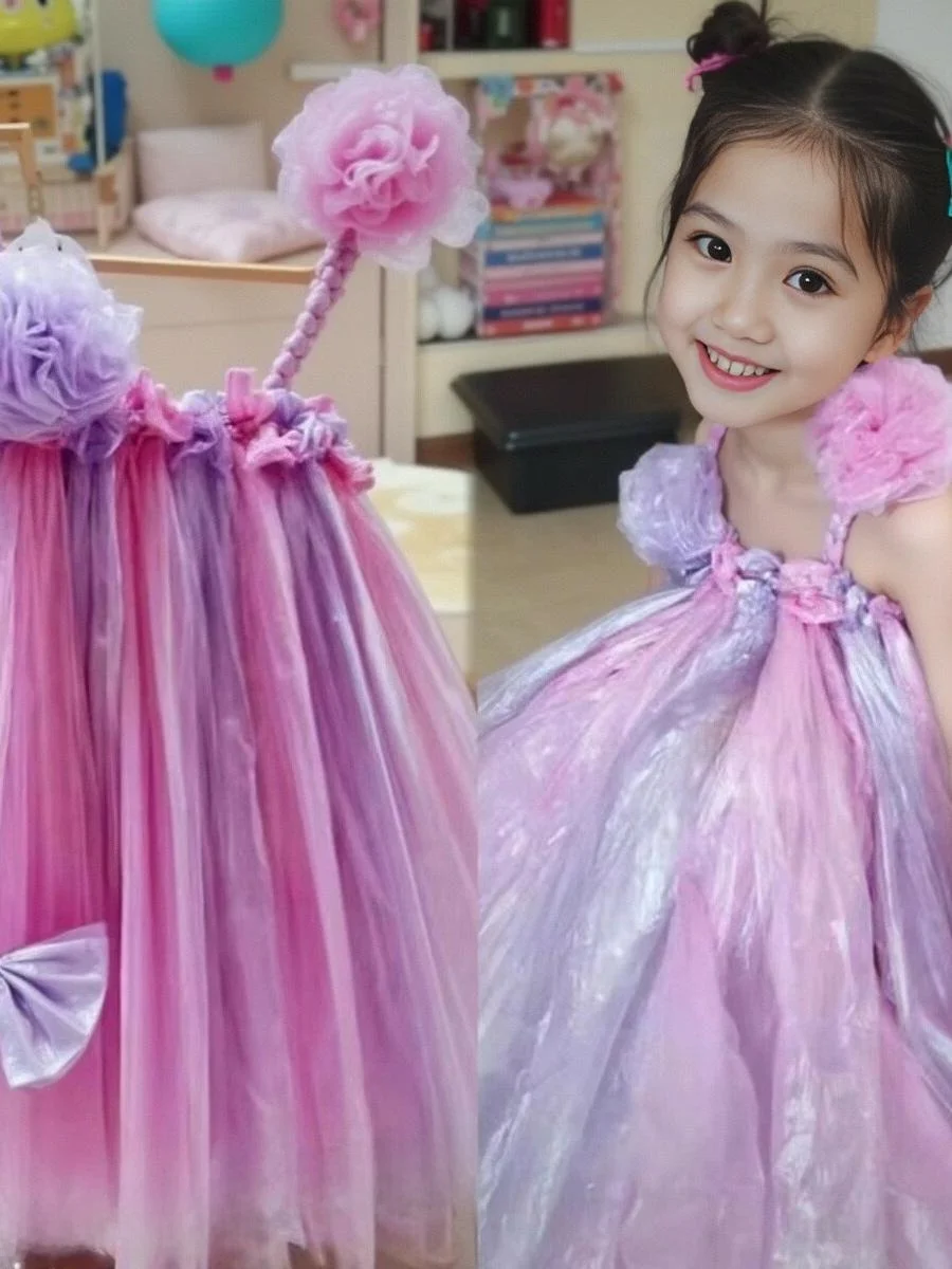 

Eco-Friendly Fashion Show Outfit for Girls Handmade Plastic Bag Kindergarten Performance Children's Clothing Zmiao Rabbit Brand