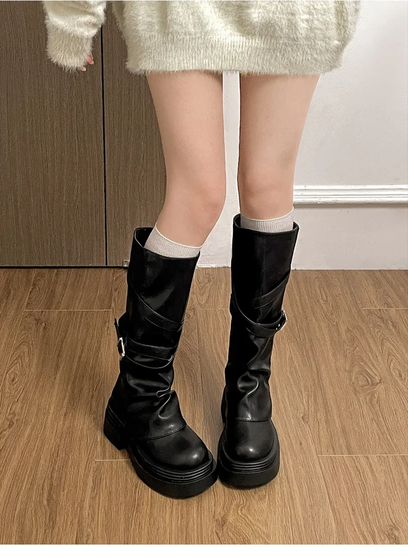 Vintage Damenstiefel mit Dickem Absatz, Modische Slip-On Kniestiefel für Herbst und Winter, Zapatos De Mujer – Detail 3