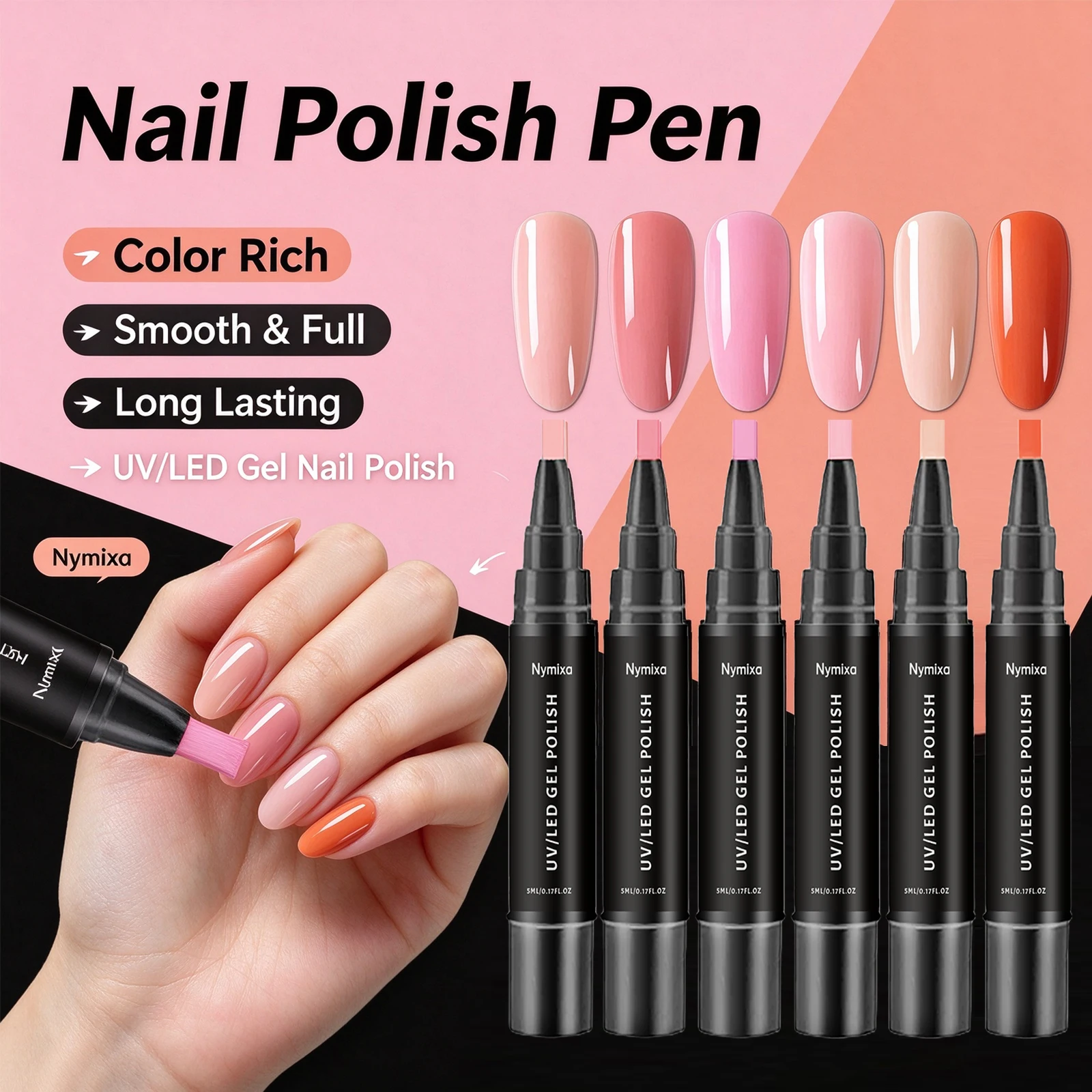 6 Colors Nail Gel Pen Set Quick-Drying Smooth Application Long Lasting for DIY Manicure and Nail Art Tools for Home Salon