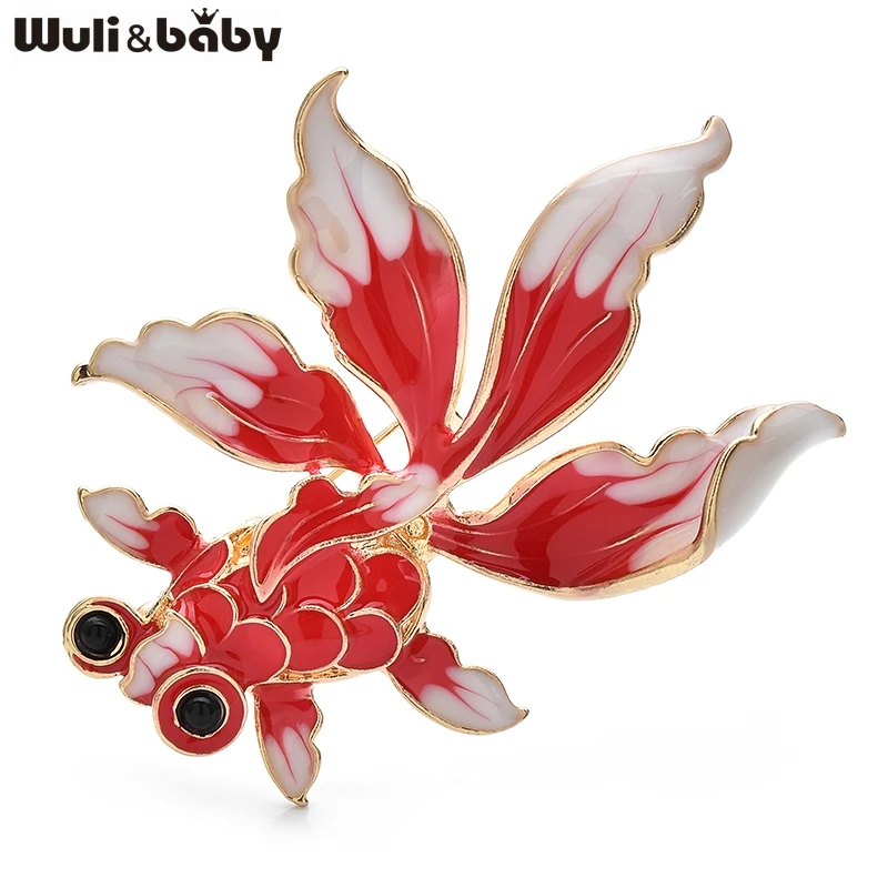 Wuli & baby-broches de pez dorado para natación para mujer, broches Unisex de esmalte rojo, pez de la fortuna, broche de oficina para fiesta, regalos
