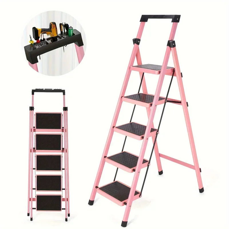 5-Step Folding Ladder - Portable Lightweight Aluminum Stepladder for Home, Library