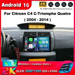 Android 16 Carplay Car Radio For Citroen C4 C-Triomphe Quatre 2004 - 2014 Navigation GPS Multimedia Player Stereo WiFi+4G DSP BT