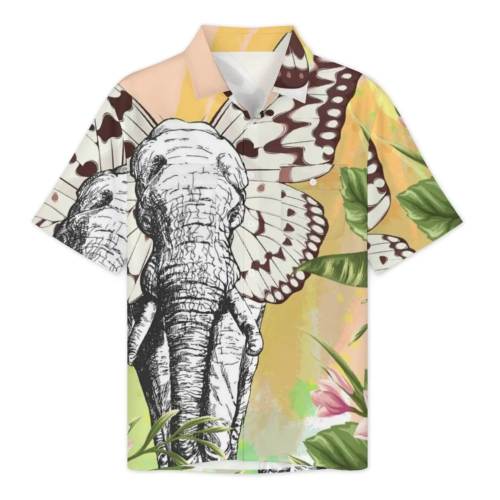 Elephant Butterfly Vacation Shirt Mens Floarl Print Art Loose Casual Shirts Hawaiian Korean Fashion Graphic Oversized Blouses